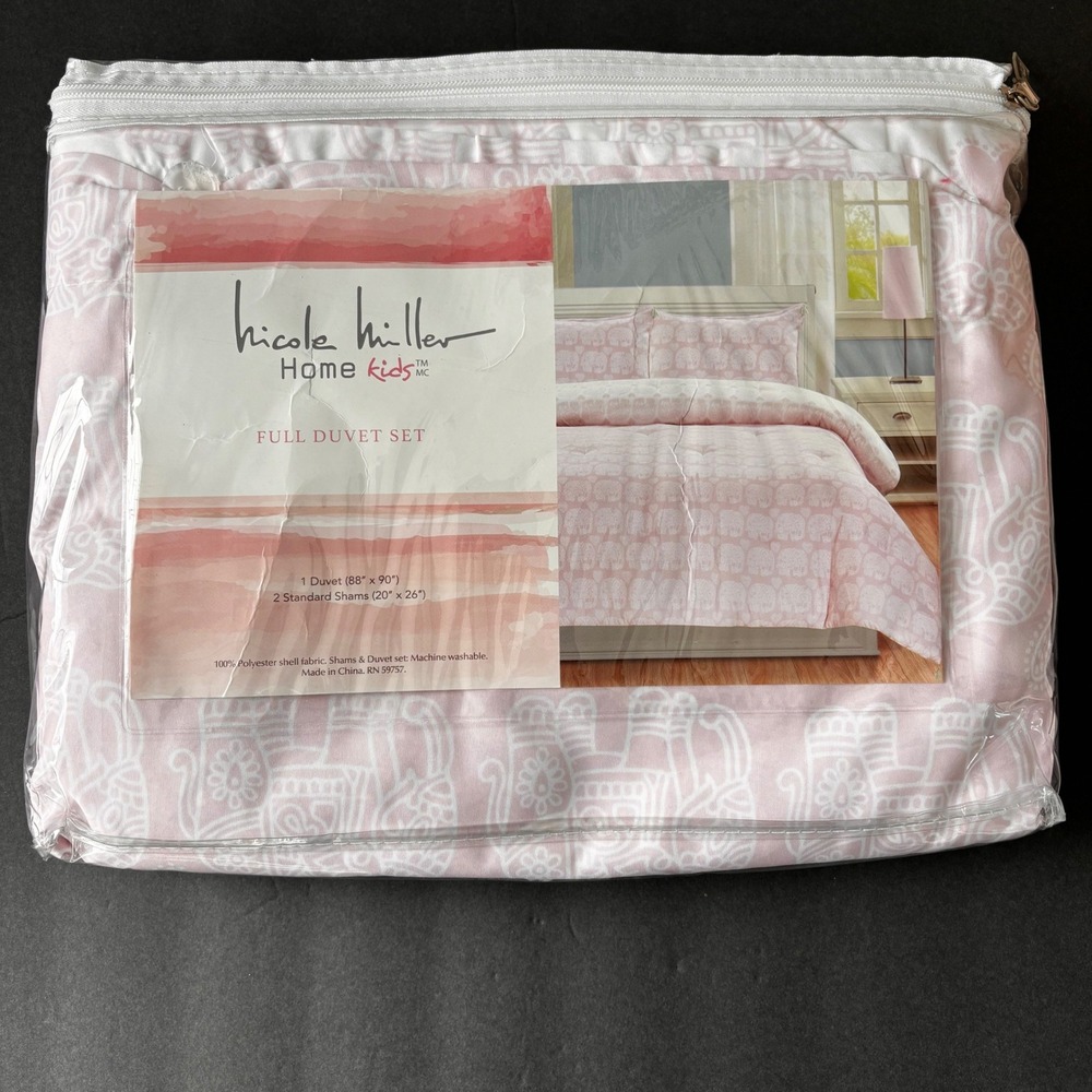 Nicole Miller Home‎ Kids Full Duvet Shams Set 3 Piece Pink Elephant Print